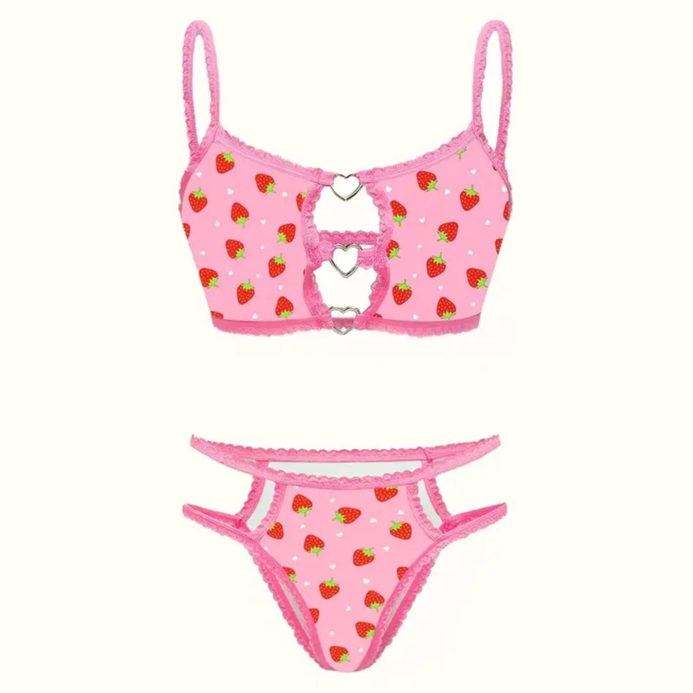 Pink Strawberry Heart Cutout Lingerie Set 2Pc Bralette High Cut Panty NWT - Picture 3 of 3